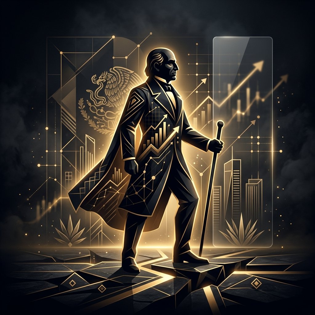 Ilustración de El Libertador en negro y oro, mirando hacia el futuro